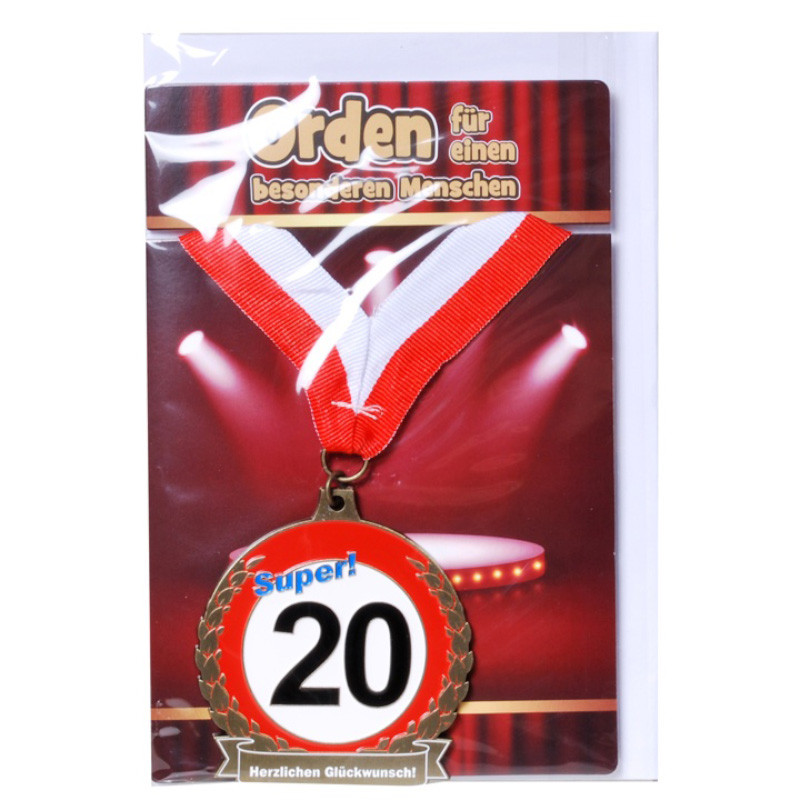 Udo Schmidt Orden 20 auf Karte mit rot weißem Band originelle Geburtstagsmedaille zum 20 Geburtstag